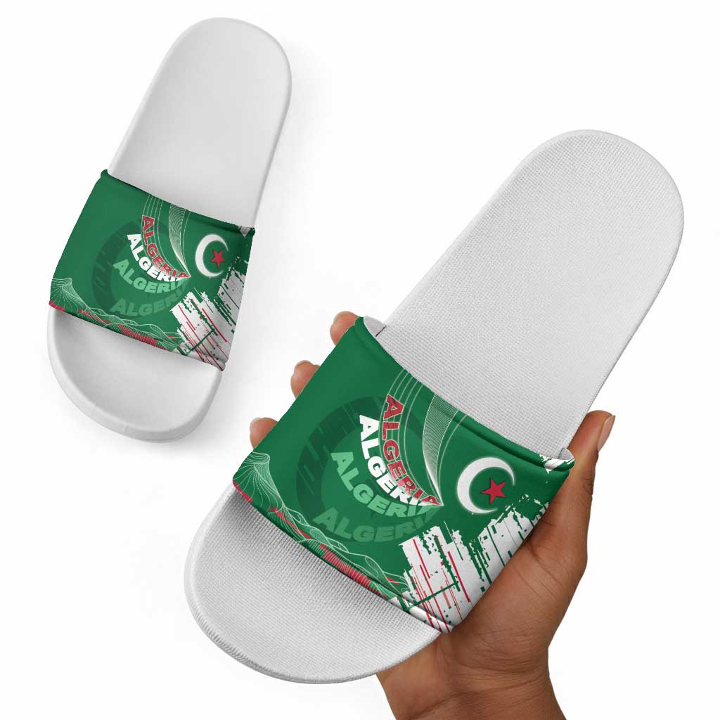 Algeria Football Slide Sandals Glitch Effect Desert Lines And Star Crescent
