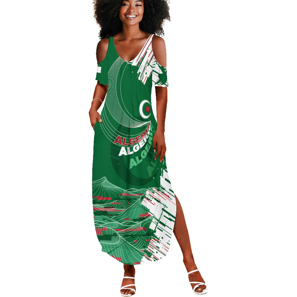 Custom Algeria Football Summer Maxi Dress Glitch Effect Desert Lines And Star Crescent