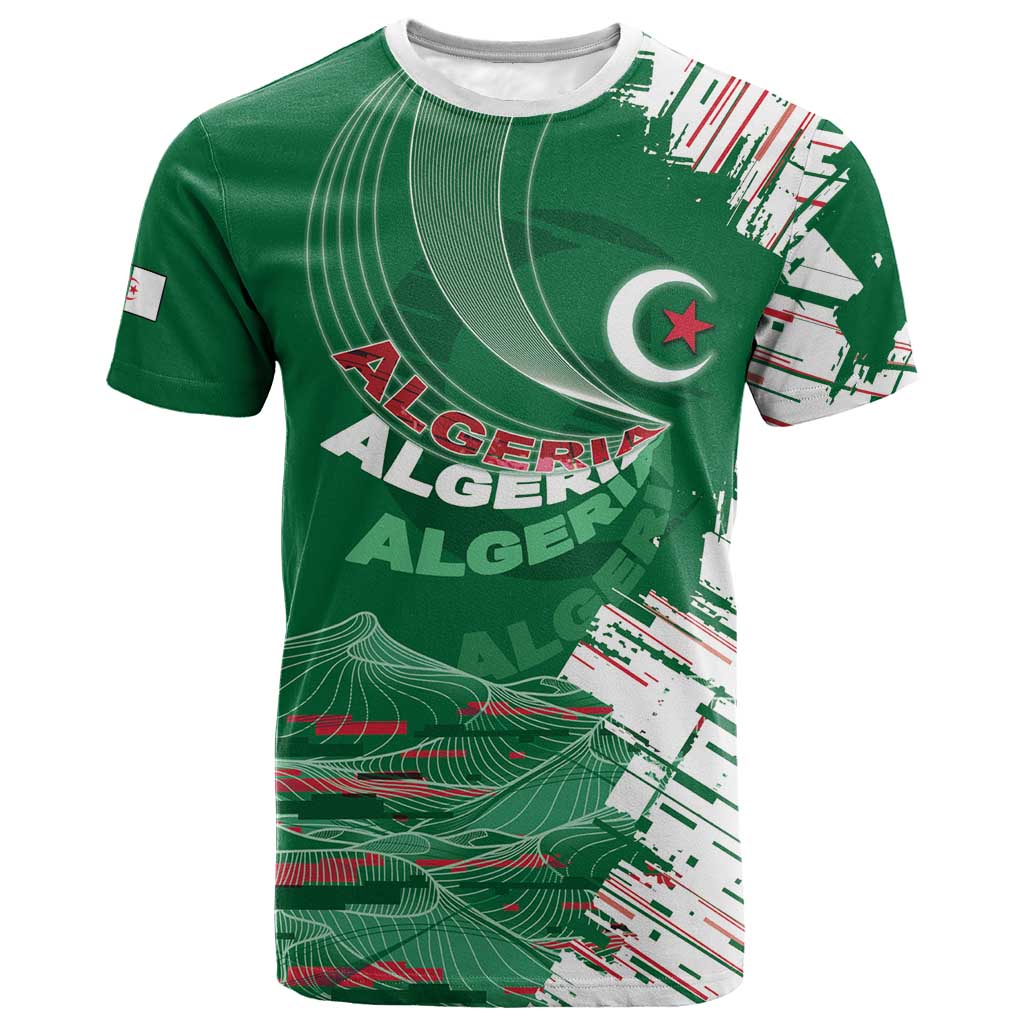 Custom Algeria Football T shirt Glitch Effect Desert Lines And Star Crescent