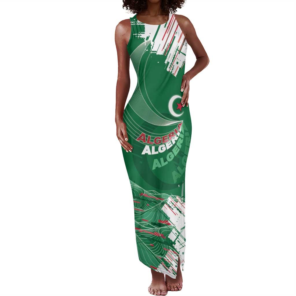 Custom Algeria Football Tank Maxi Dress Glitch Effect Desert Lines And Star Crescent