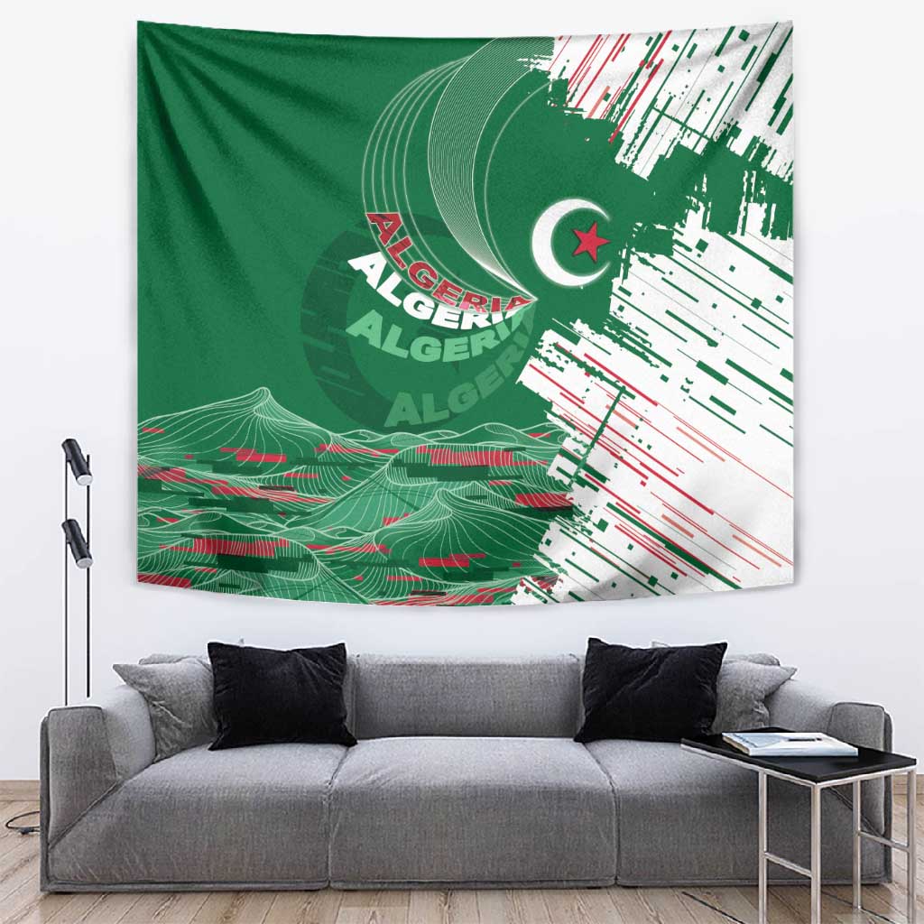 Algeria Football Tapestry Glitch Effect Desert Lines And Star Crescent