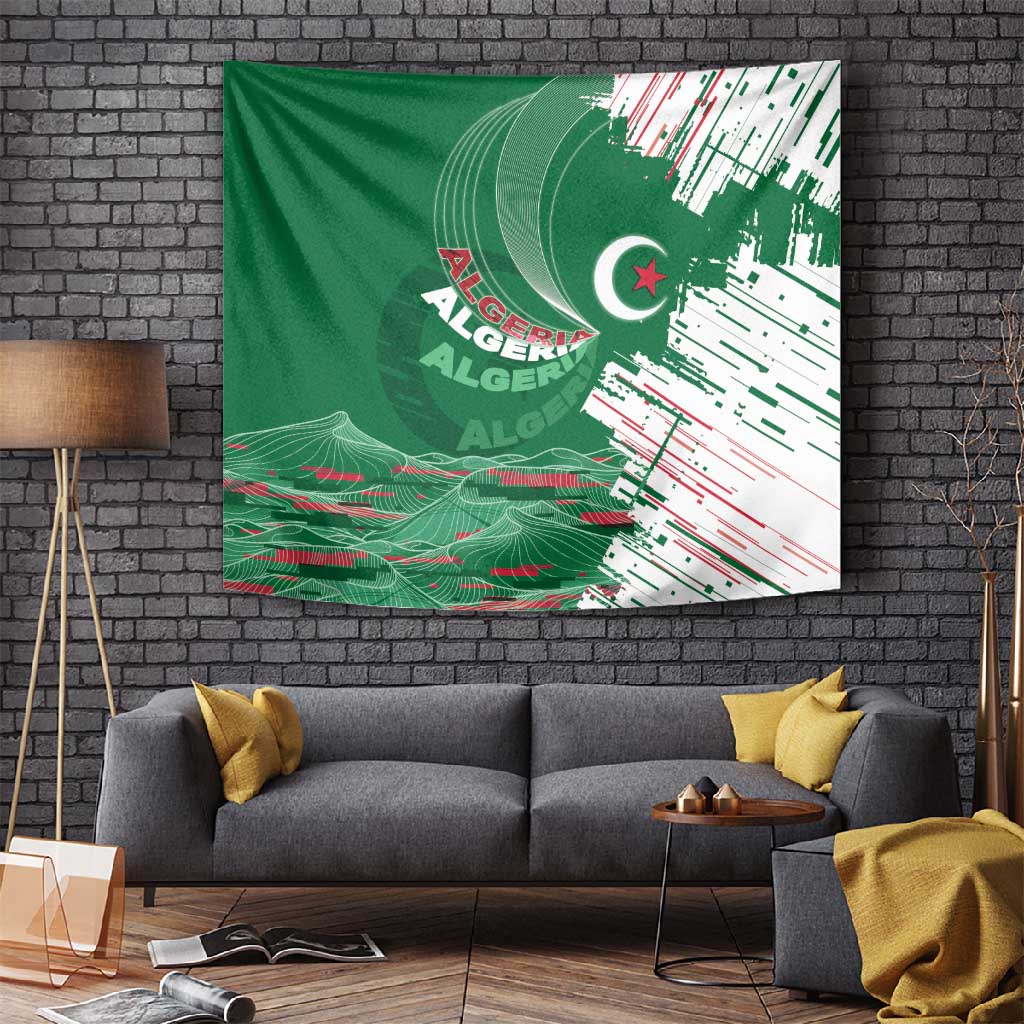 Algeria Football Tapestry Glitch Effect Desert Lines And Star Crescent