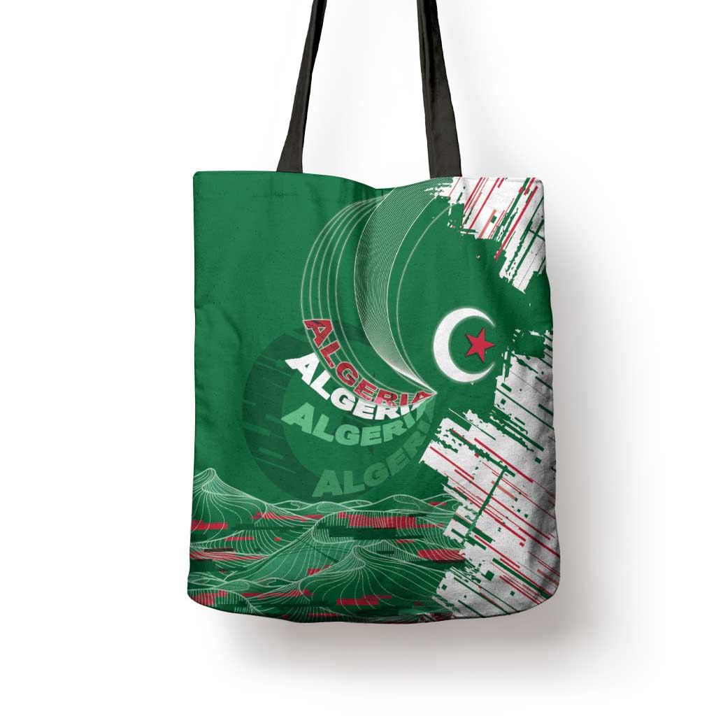 Algeria Football Tote Bag Glitch Effect Desert Lines And Star Crescent