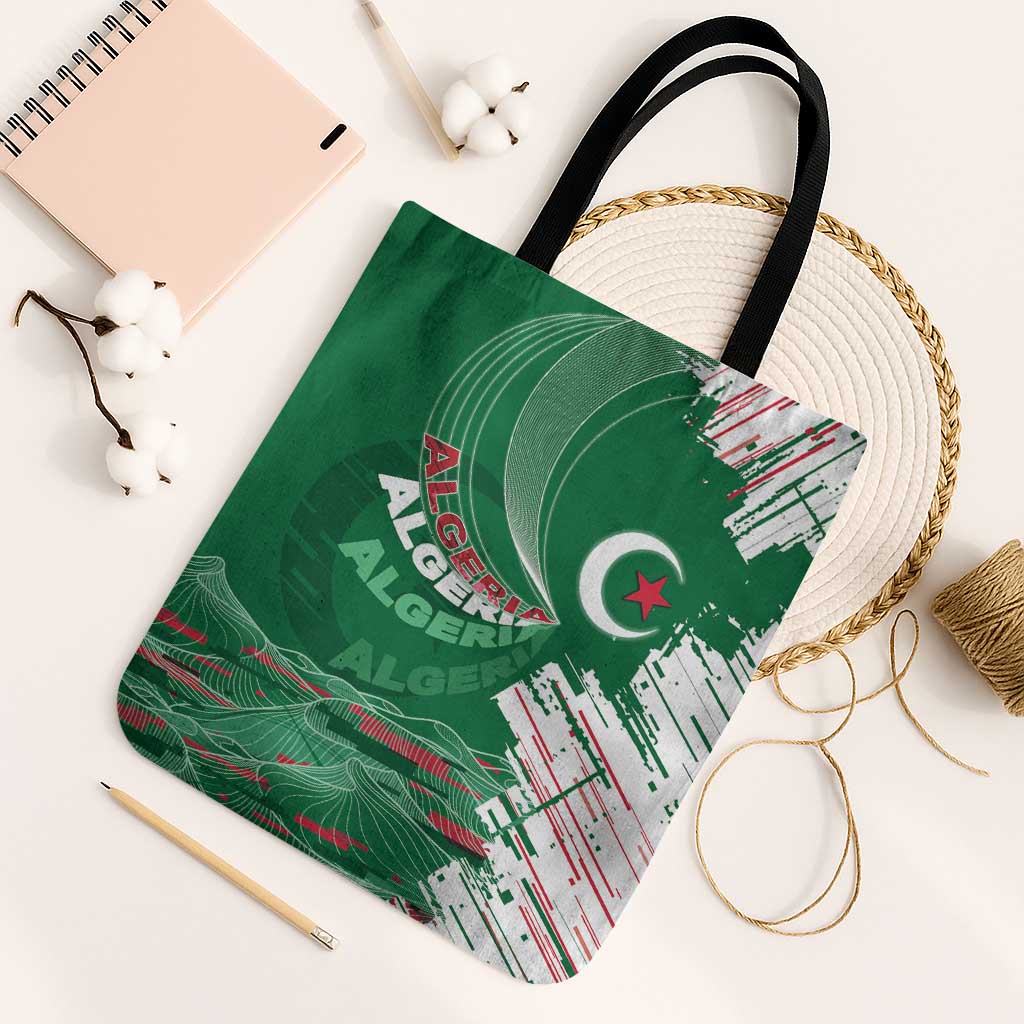 Algeria Football Tote Bag Glitch Effect Desert Lines And Star Crescent