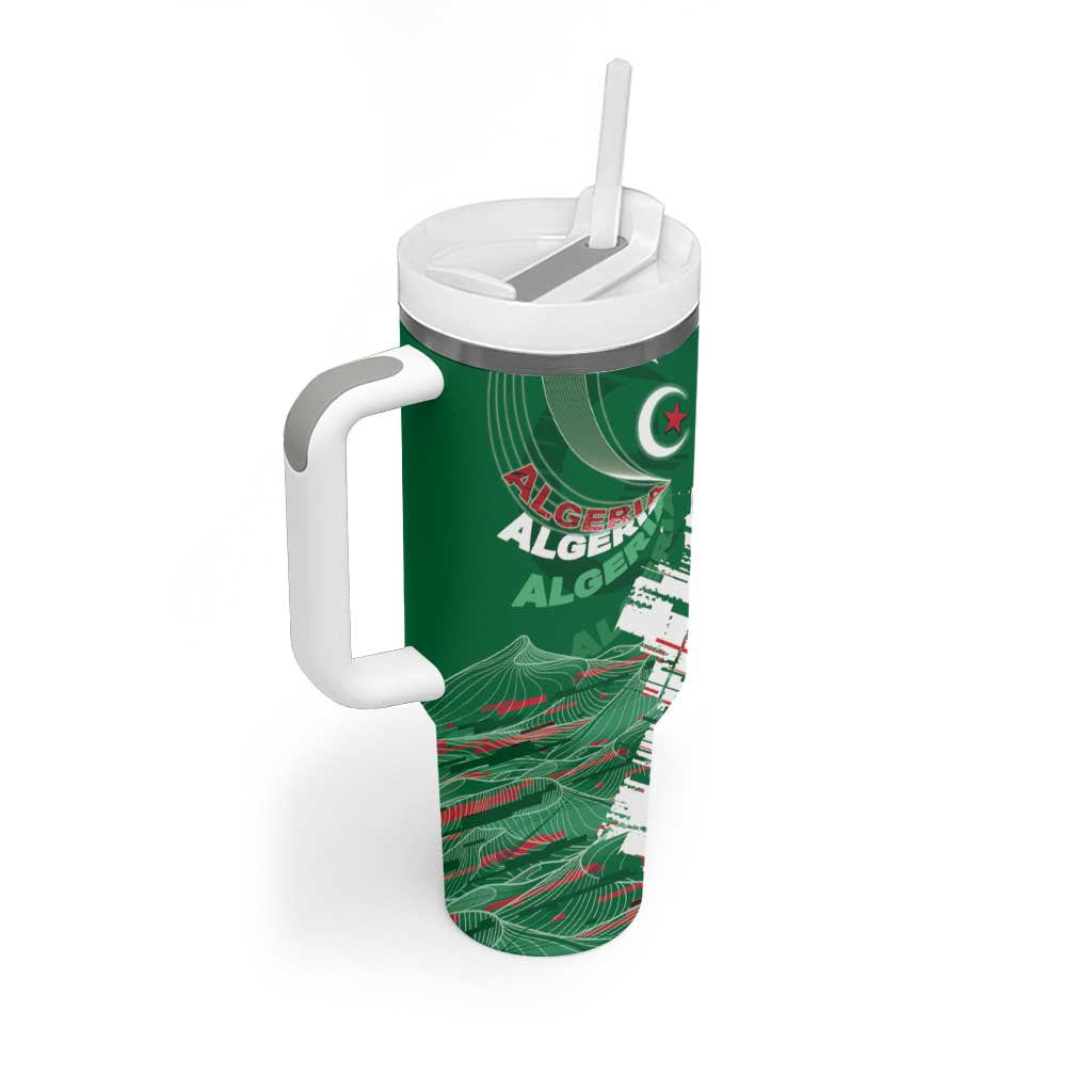 Custom Algeria Football Tumbler With Handle Glitch Effect Desert Lines And Star Crescent