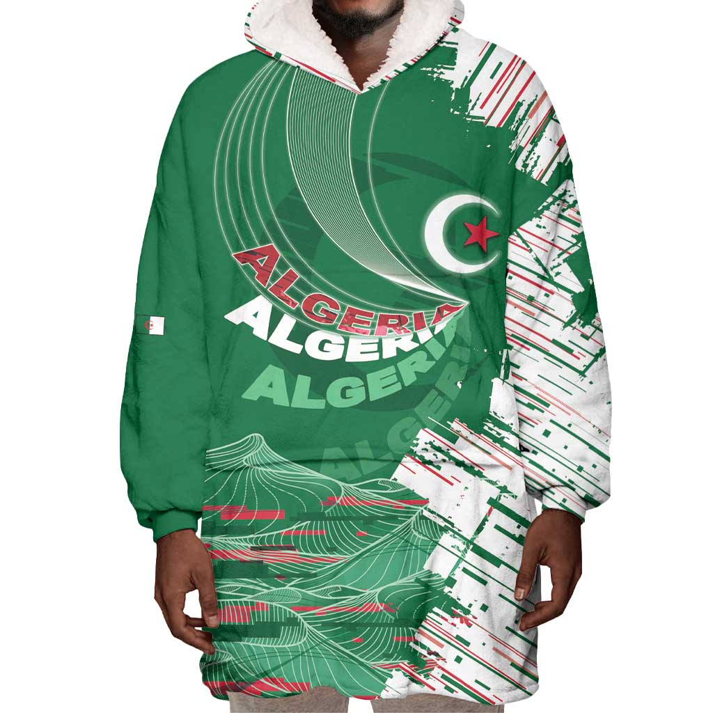 Custom Algeria Football Wearable Blanket Hoodie Glitch Effect Desert Lines And Star Crescent