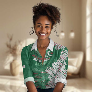 Custom Algeria Football Women Casual Shirt Glitch Effect Desert Lines And Star Crescent
