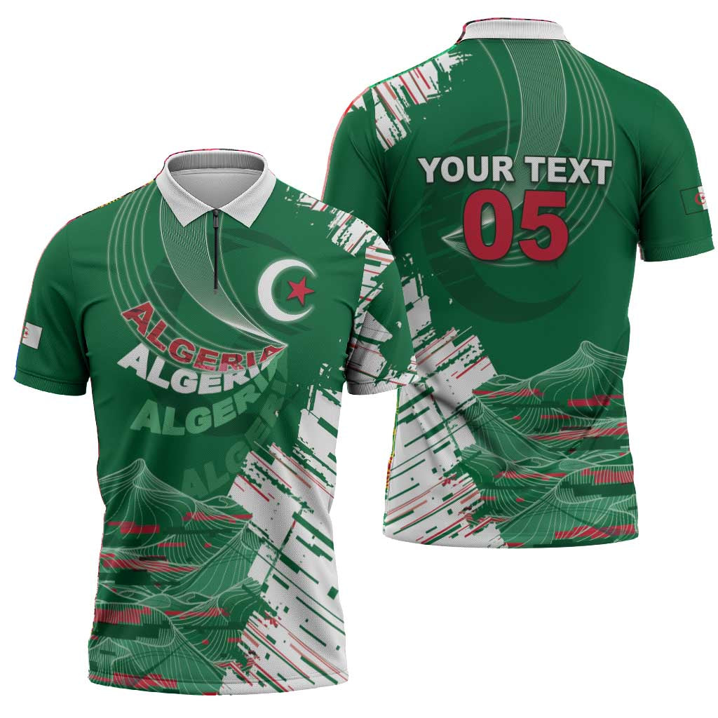 Custom Algeria Football Zipper Polo Shirt Glitch Effect Desert Lines And Star Crescent