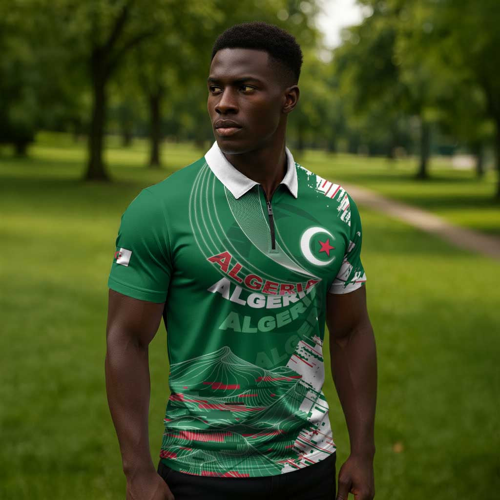 Custom Algeria Football Zipper Polo Shirt Glitch Effect Desert Lines And Star Crescent