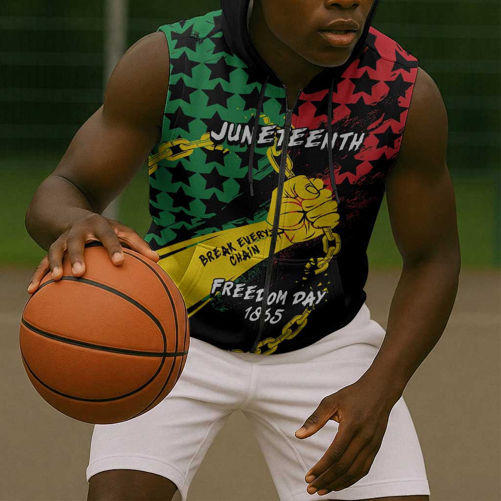 Personalized Juneteenth 1865 Sleeveless Zip Hoodie Break Every Chain - African Pride
