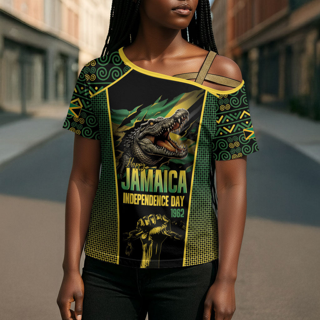 Jamaica Independence Day Cross Shoulder Shirt Crocodile Broken Chain Freedom