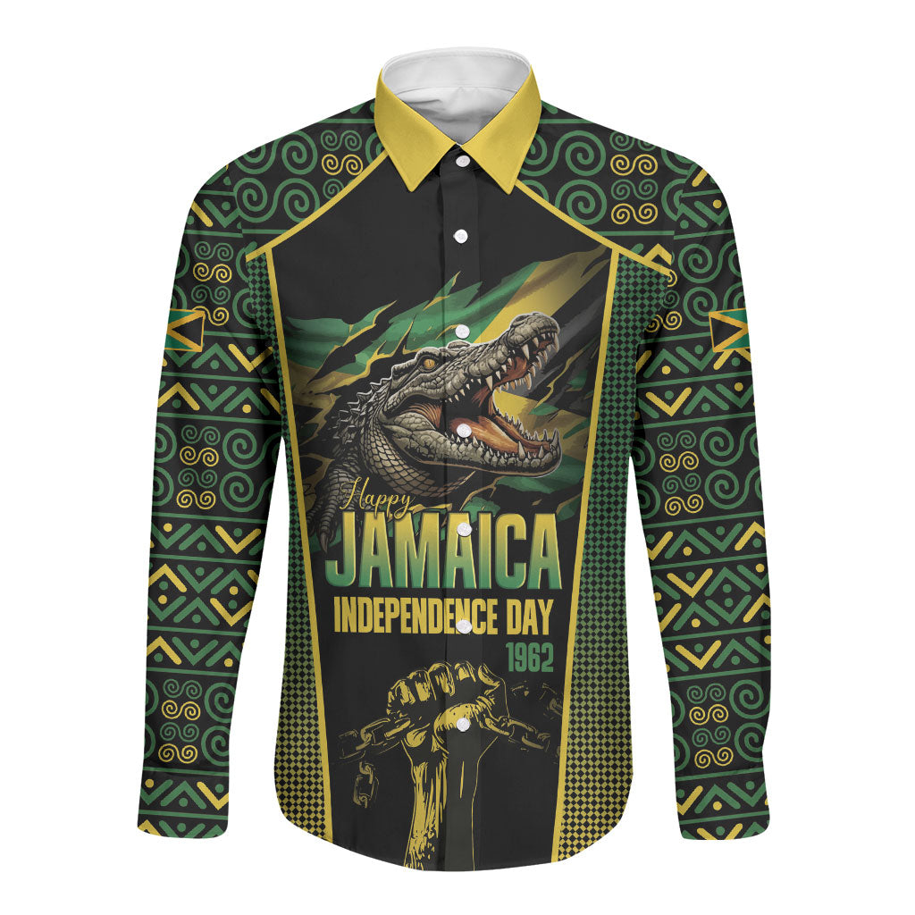 Jamaica Independence Day Long Sleeve Button Shirt Crocodile Broken Chain Freedom