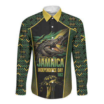 Jamaica Independence Day Long Sleeve Button Shirt Crocodile Broken Chain Freedom