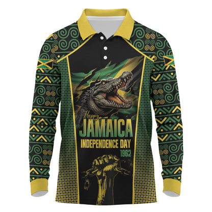 Jamaica Independence Day Long Sleeve Polo Shirt Crocodile Broken Chain Freedom