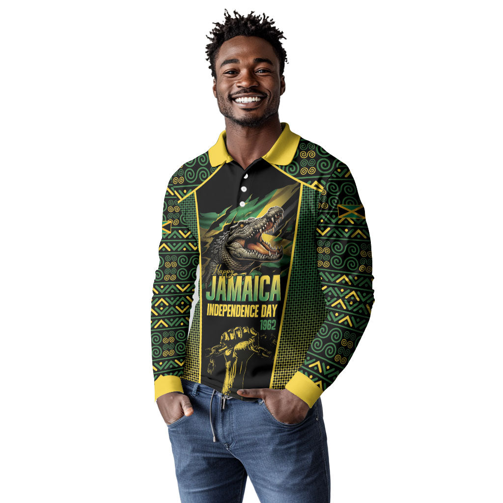 Jamaica Independence Day Long Sleeve Polo Shirt Crocodile Broken Chain Freedom