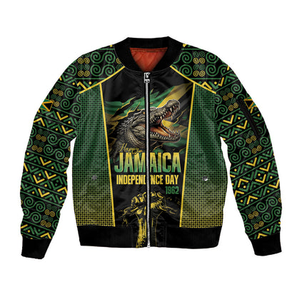 Jamaica Independence Day Sleeve Zip Bomber Jacket Crocodile Broken Chain Freedom