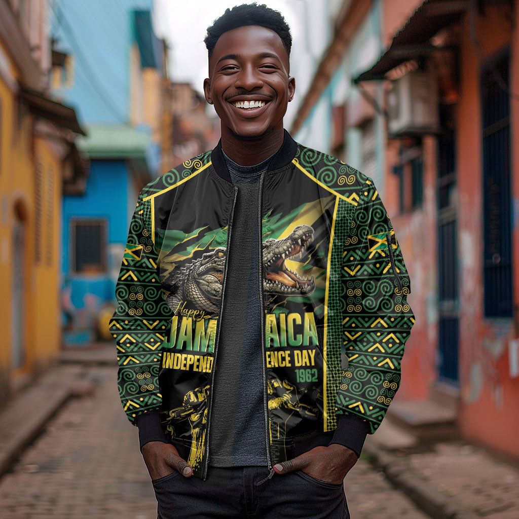 Jamaica Independence Day Sleeve Zip Bomber Jacket Crocodile Broken Chain Freedom