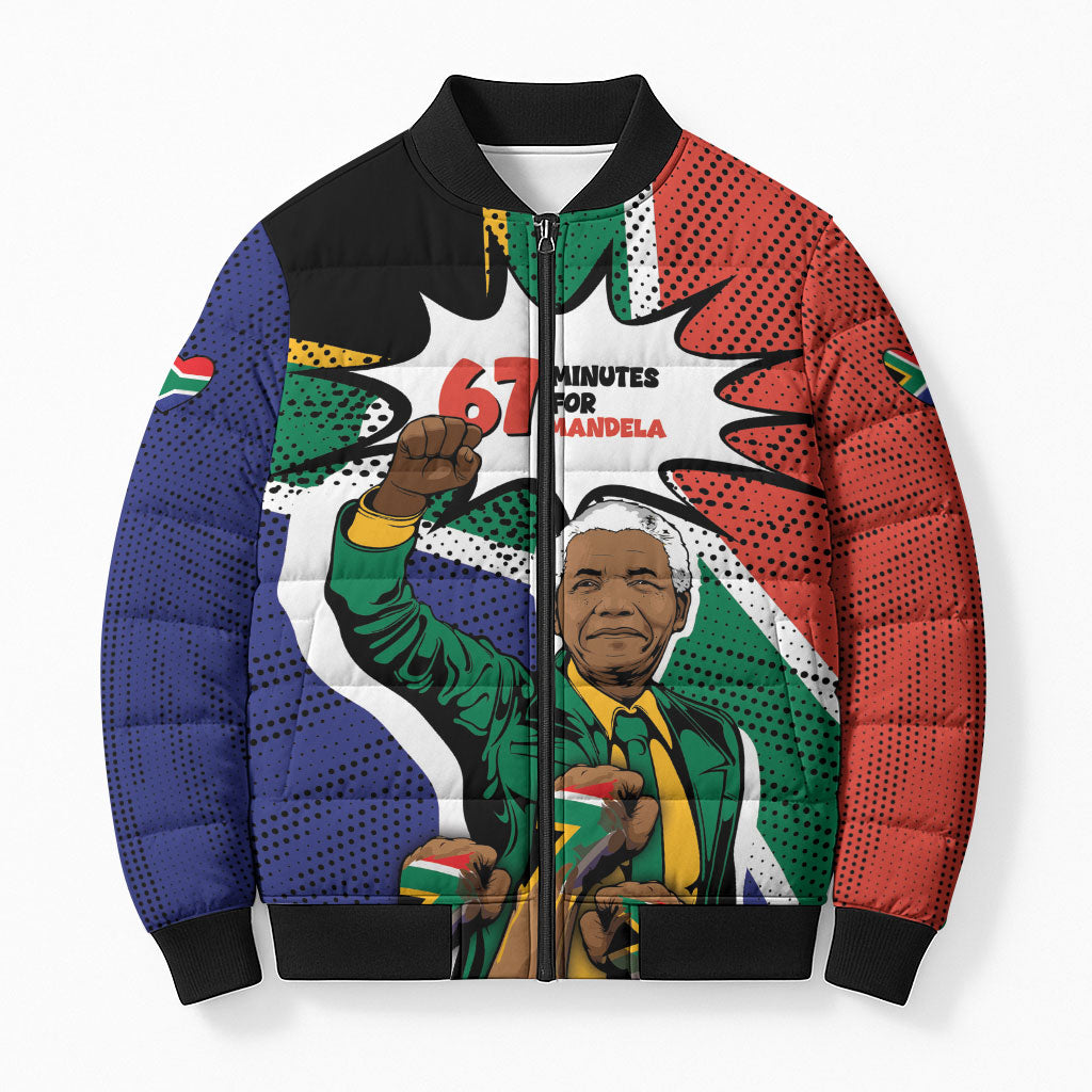 Nelson Mandela Birthday Bomber Puffer Jacket 67 Minutes South Africa Flag Comic