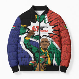 Nelson Mandela Birthday Bomber Puffer Jacket 67 Minutes South Africa Flag Comic