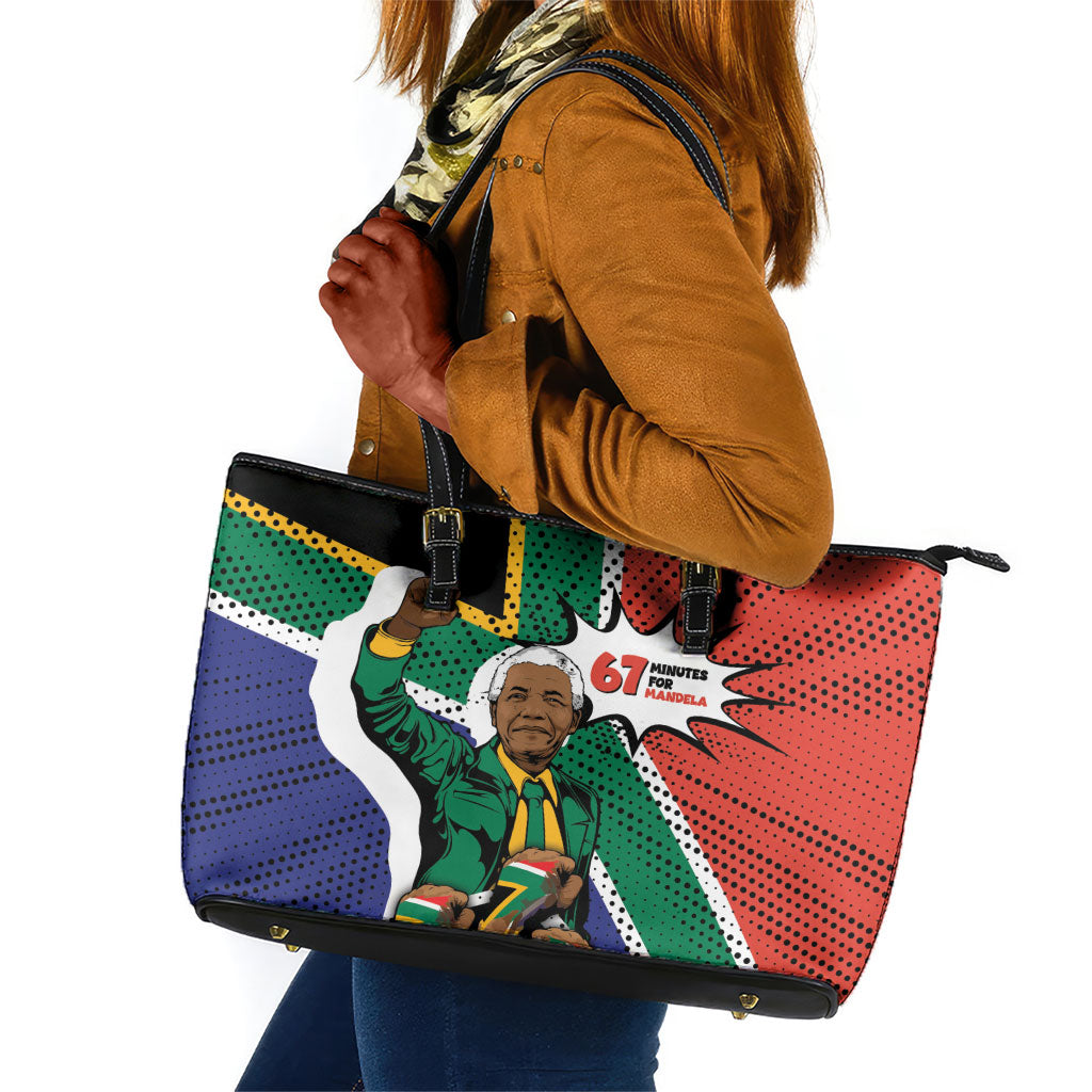 Nelson Mandela Birthday Leather Tote Bag 67 Minutes South Africa Flag Comic