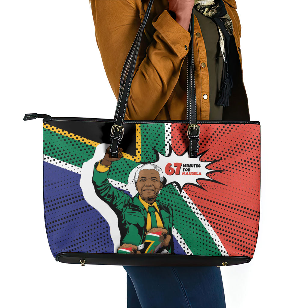 Nelson Mandela Birthday Leather Tote Bag 67 Minutes South Africa Flag Comic