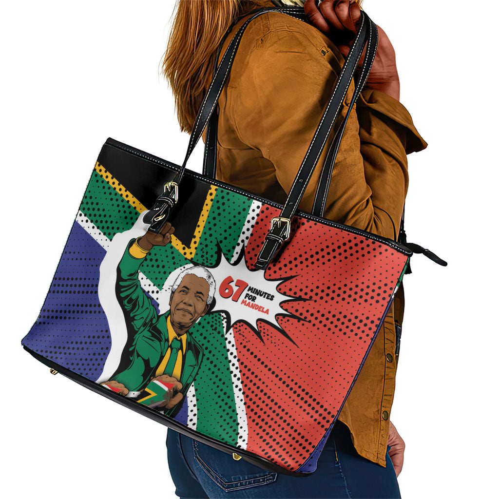 Nelson Mandela Birthday Leather Tote Bag 67 Minutes South Africa Flag Comic