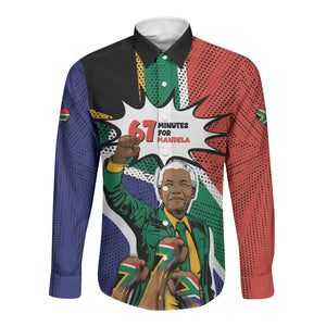Nelson Mandela Birthday Long Sleeve Button Shirt 67 Minutes South Africa Flag Comic