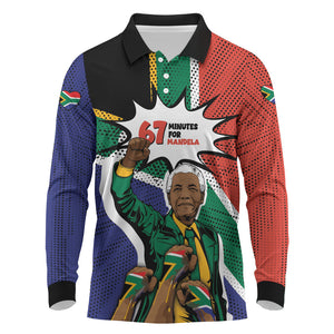 Nelson Mandela Birthday Long Sleeve Polo Shirt 67 Minutes South Africa Flag Comic