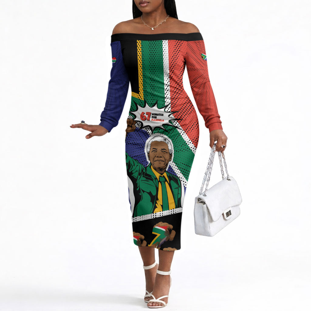 Nelson Mandela Birthday Off The Shoulder Long Sleeve Dress 67 Minutes South Africa Flag Comic