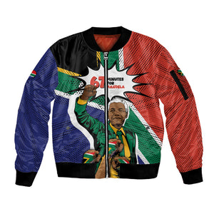 Nelson Mandela Birthday Sleeve Zip Bomber Jacket 67 Minutes South Africa Flag Comic