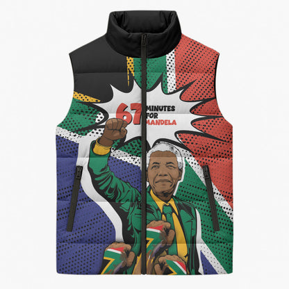 Nelson Mandela Birthday Sleeveless Puffer Jacket 67 Minutes South Africa Flag Comic