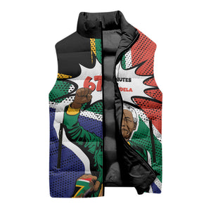 Nelson Mandela Birthday Sleeveless Puffer Jacket 67 Minutes South Africa Flag Comic