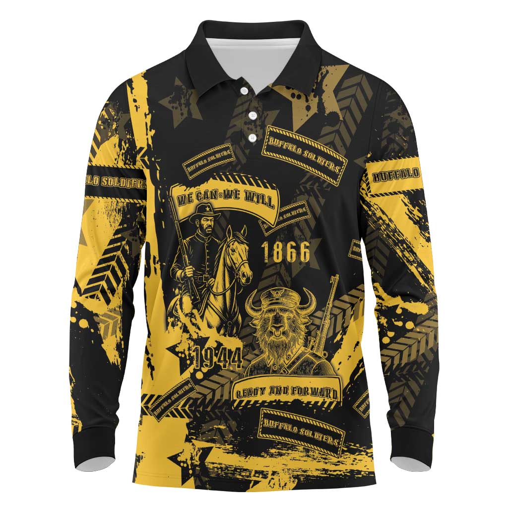 Buffalo Soldiers African American Long Sleeve Polo Shirt Military Urban Retro Style - African Pride