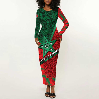Custom Morocco Football Long Sleeve Bodycon Dress Pentagram Red Lion African