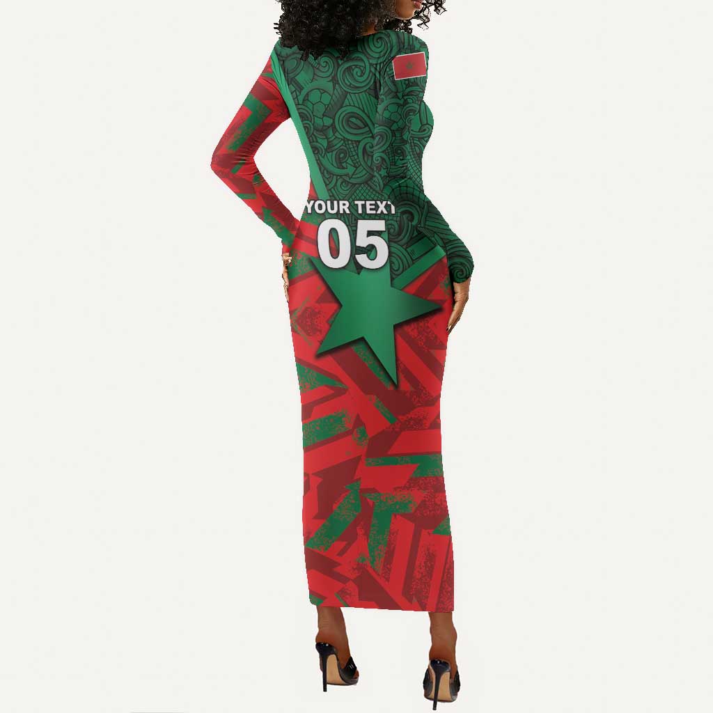 Custom Morocco Football Long Sleeve Bodycon Dress Pentagram Red Lion African