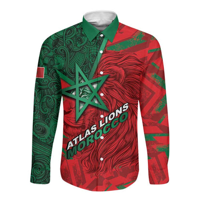 Custom Morocco Football Long Sleeve Button Shirt Pentagram Red Lion African