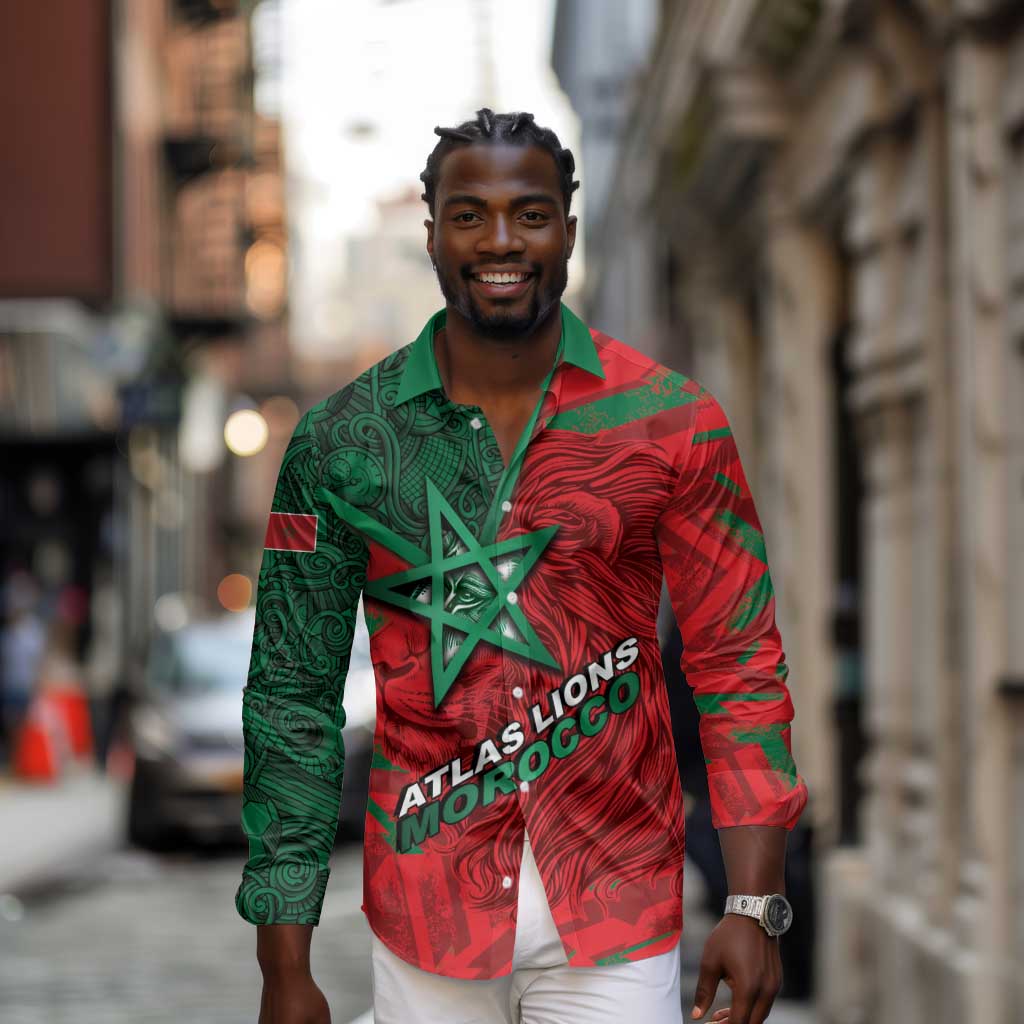 Custom Morocco Football Long Sleeve Button Shirt Pentagram Red Lion African