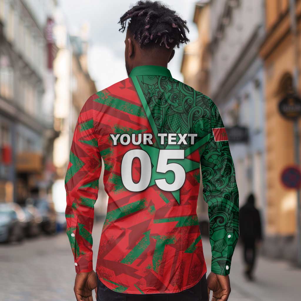 Custom Morocco Football Long Sleeve Button Shirt Pentagram Red Lion African