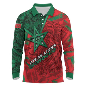 Custom Morocco Football Long Sleeve Polo Shirt Pentagram Red Lion African