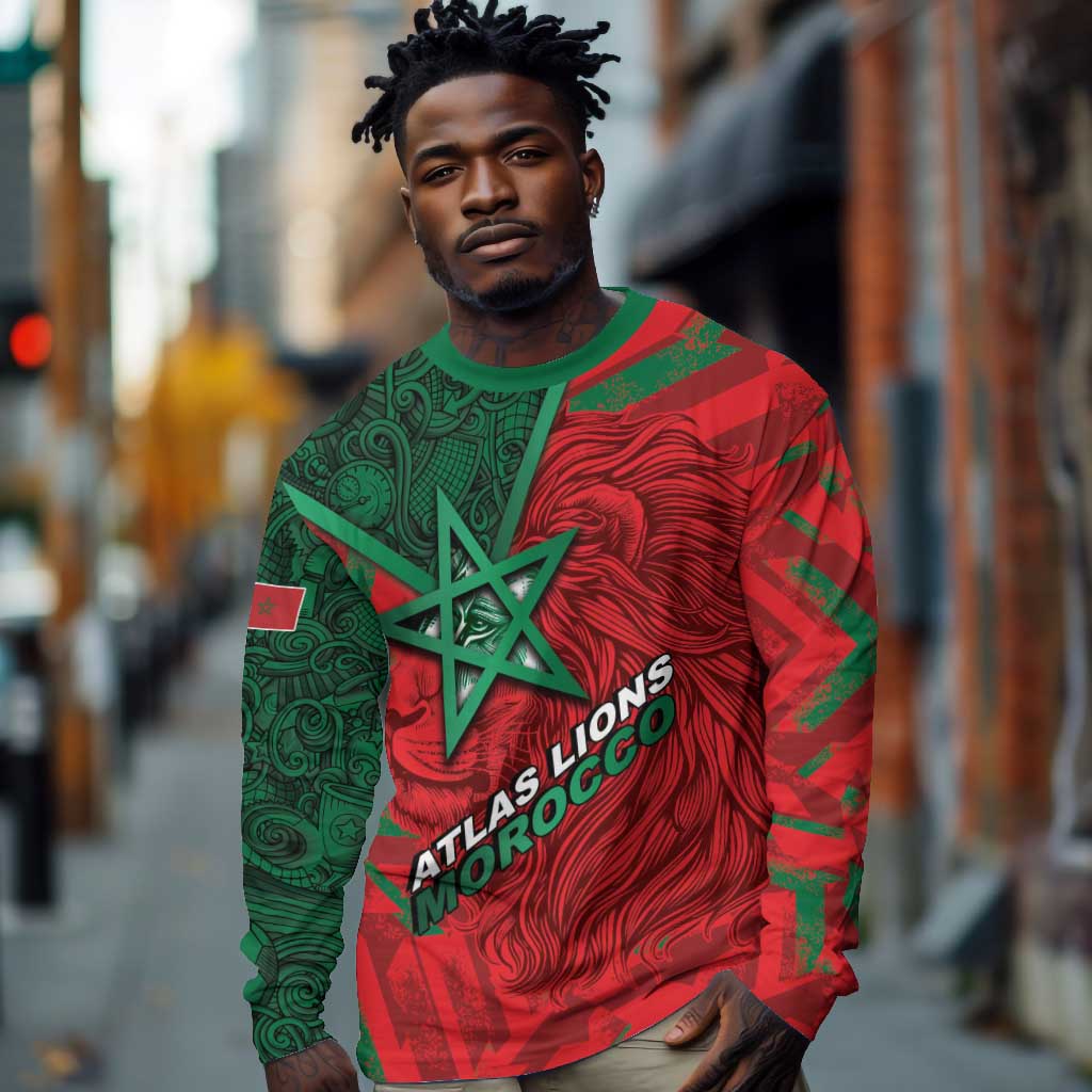 Custom Morocco Football Long Sleeve Shirt Pentagram Red Lion African