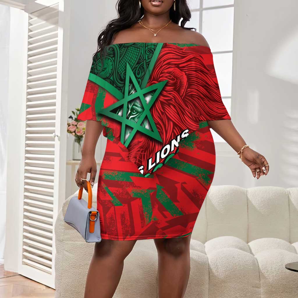 Custom Morocco Football Off Shoulder Short Dress Pentagram Red Lion African