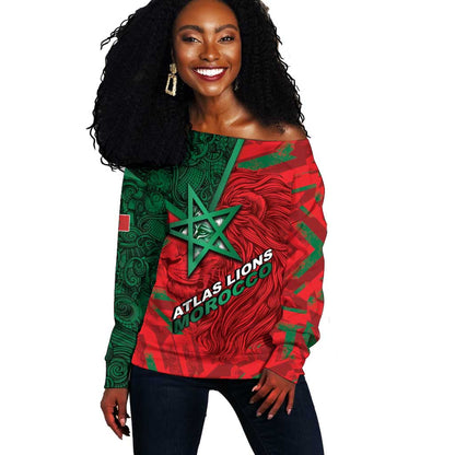 Custom Morocco Football Off Shoulder Sweater Pentagram Red Lion African