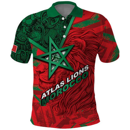 Custom Morocco Football Polo Shirt Pentagram Red Lion African