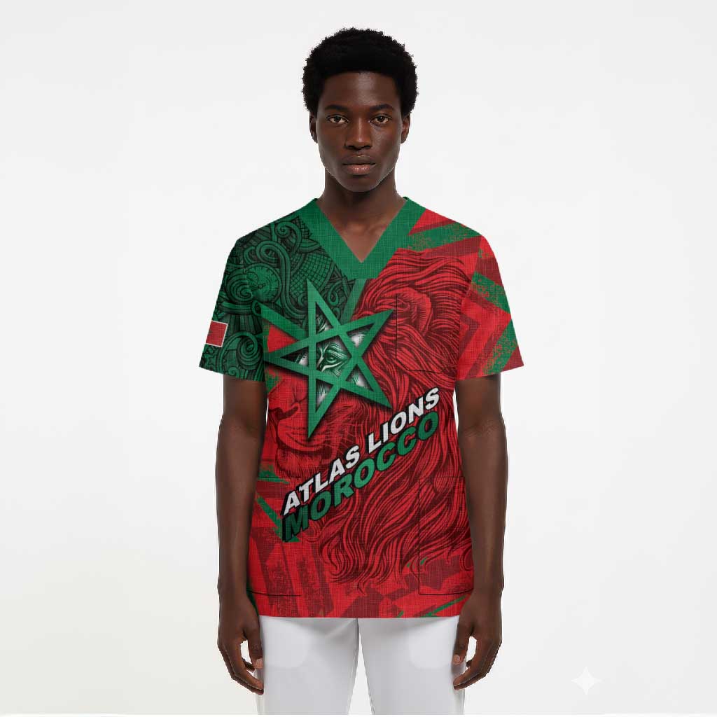 Custom Morocco Football Scrub Top Pentagram Red Lion African