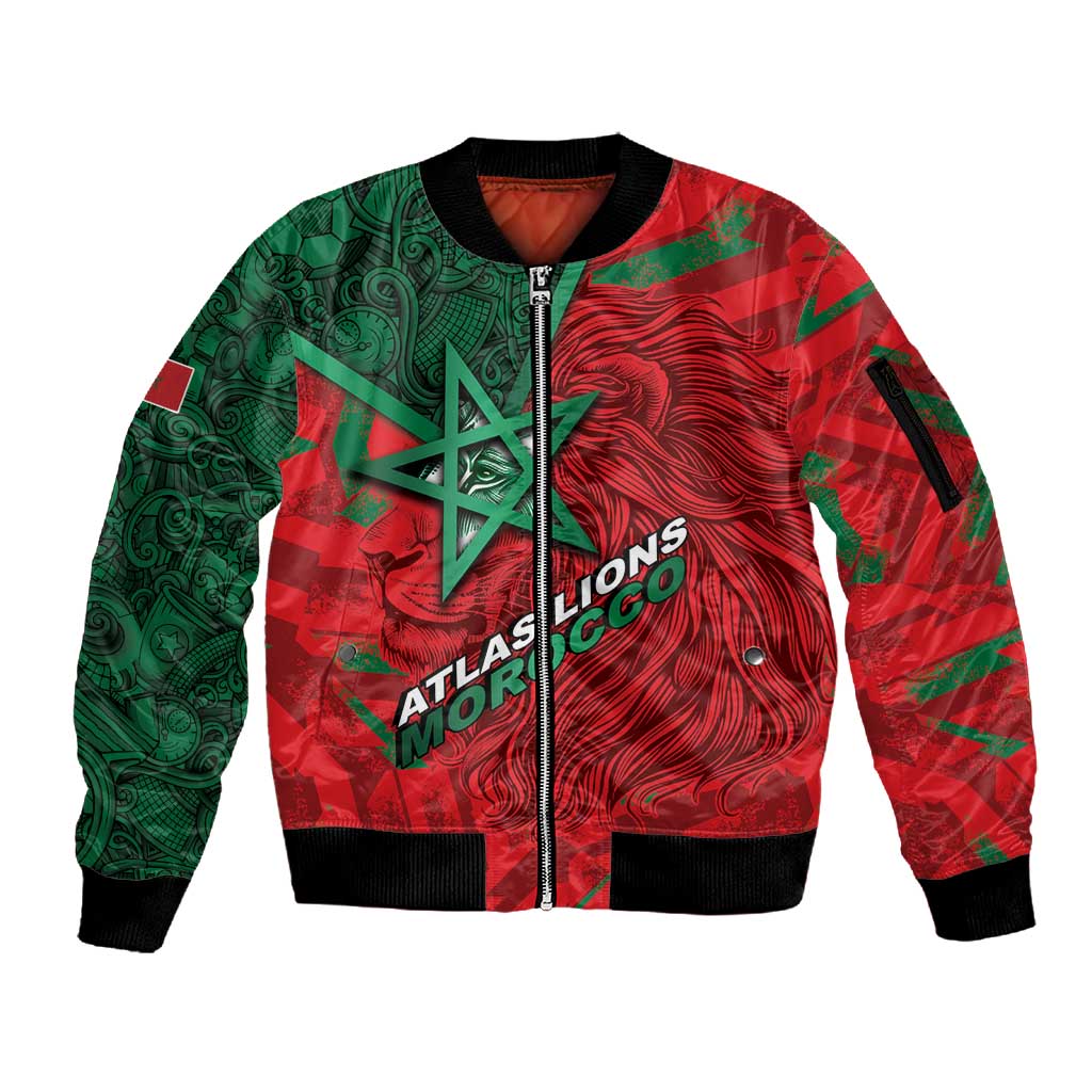 Custom Morocco Football Sleeve Zip Bomber Jacket Pentagram Red Lion African