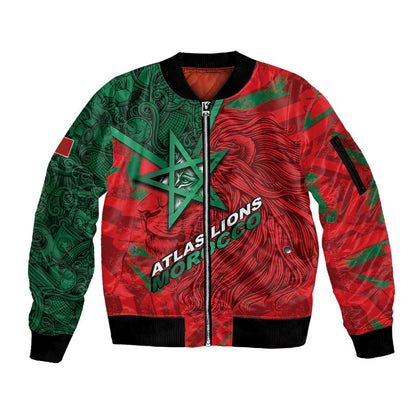 Custom Morocco Football Sleeve Zip Bomber Jacket Pentagram Red Lion African