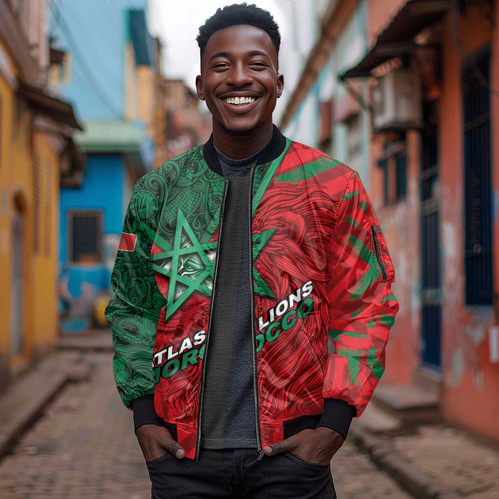 Custom Morocco Football Sleeve Zip Bomber Jacket Pentagram Red Lion African