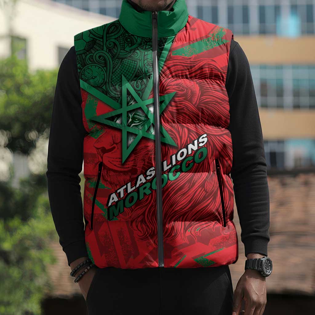 Custom Morocco Football Sleeveless Puffer Jacket Pentagram Red Lion African