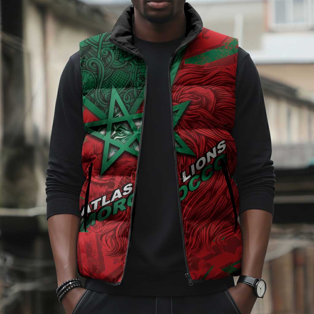 Custom Morocco Football Sleeveless Puffer Jacket Pentagram Red Lion African