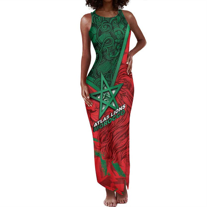 Custom Morocco Football Tank Maxi Dress Pentagram Red Lion African